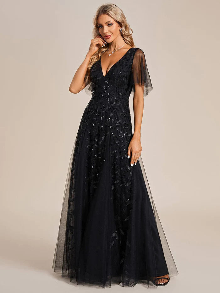 Shimmery V Neck Ruffle Sleeves Sequin Maxi Long Evening Dress/Prom Dresses