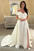 Buyishang Satin White Off-the-Shoulder Long Wedding Dress with Slit