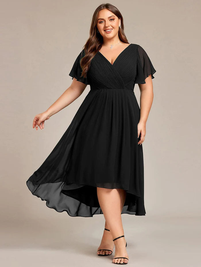 Plus Size Double V-Neck Ruffles Sleeve Chiffon Midi Wedding Guest Dressa/Evening Dresses