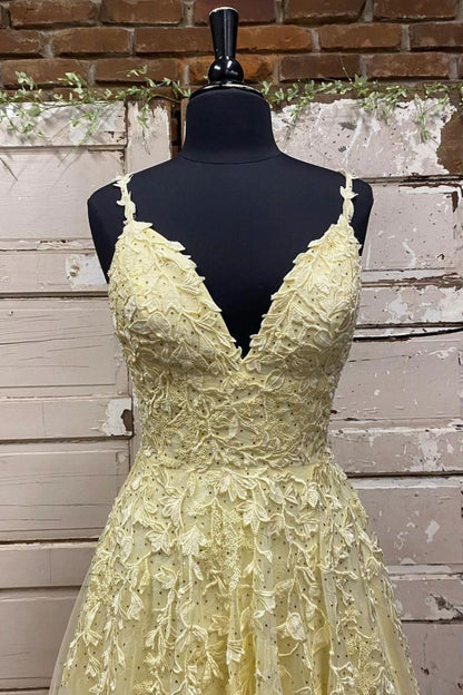 Charming A Line Spaghetti Straps Yellow Long Prom Dress with Appliques