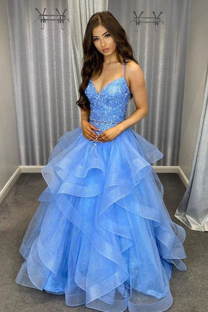 Princess A Line Spaghetti Straps Blue Long Prom Dress with Appliques