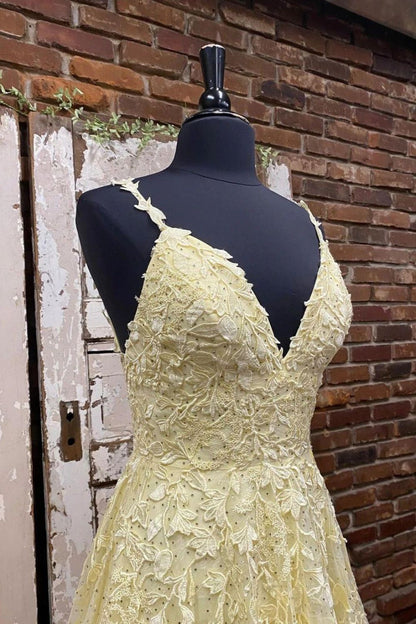 Charming A Line Spaghetti Straps Yellow Long Prom Dress with Appliques