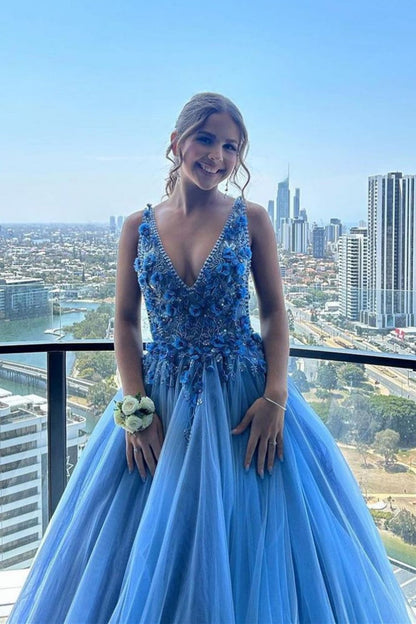 Gorgeous A Line Deep V Neck Blue Long Prom Dress with Appliques