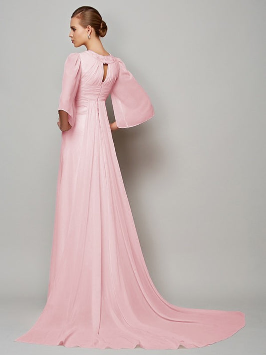 A-Line/Princess High Neck 1/2 Sleeves Beading Long Chiffon Mother of the Bride Dresses