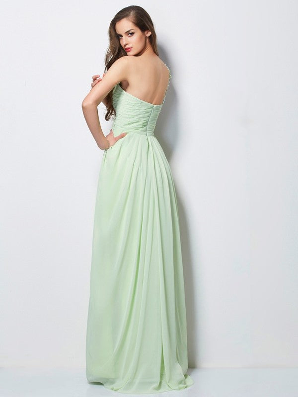 A-Line/Princess One-Shoulder Sleeveless Applique Long Chiffon Dresses