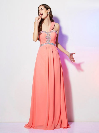 A-Line/Princess One-Shoulder Sleeveless Beading Long Chiffon Dresses