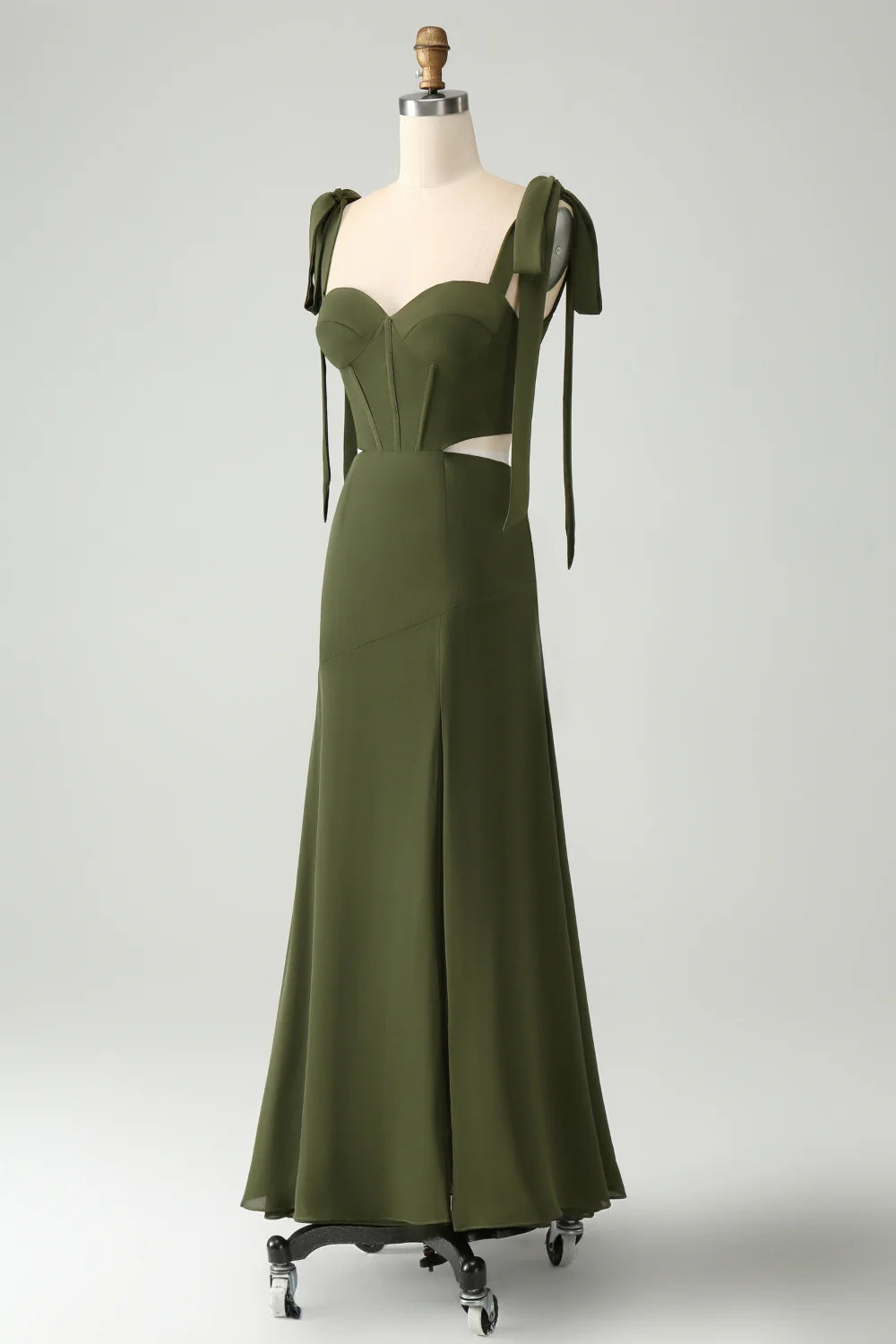 Olive A Line Spaghetti Straps Floor Length Wedding Guest Dress with Slit