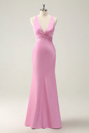 Pink Mermaid V Neck Satin Long Bridesmaid Dress