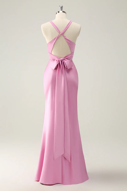 Pink Mermaid V Neck Satin Long Bridesmaid Dress