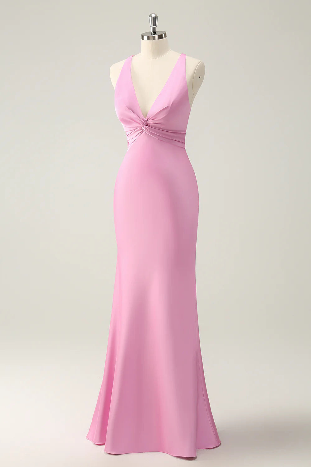 Pink Mermaid V Neck Satin Long Bridesmaid Dress