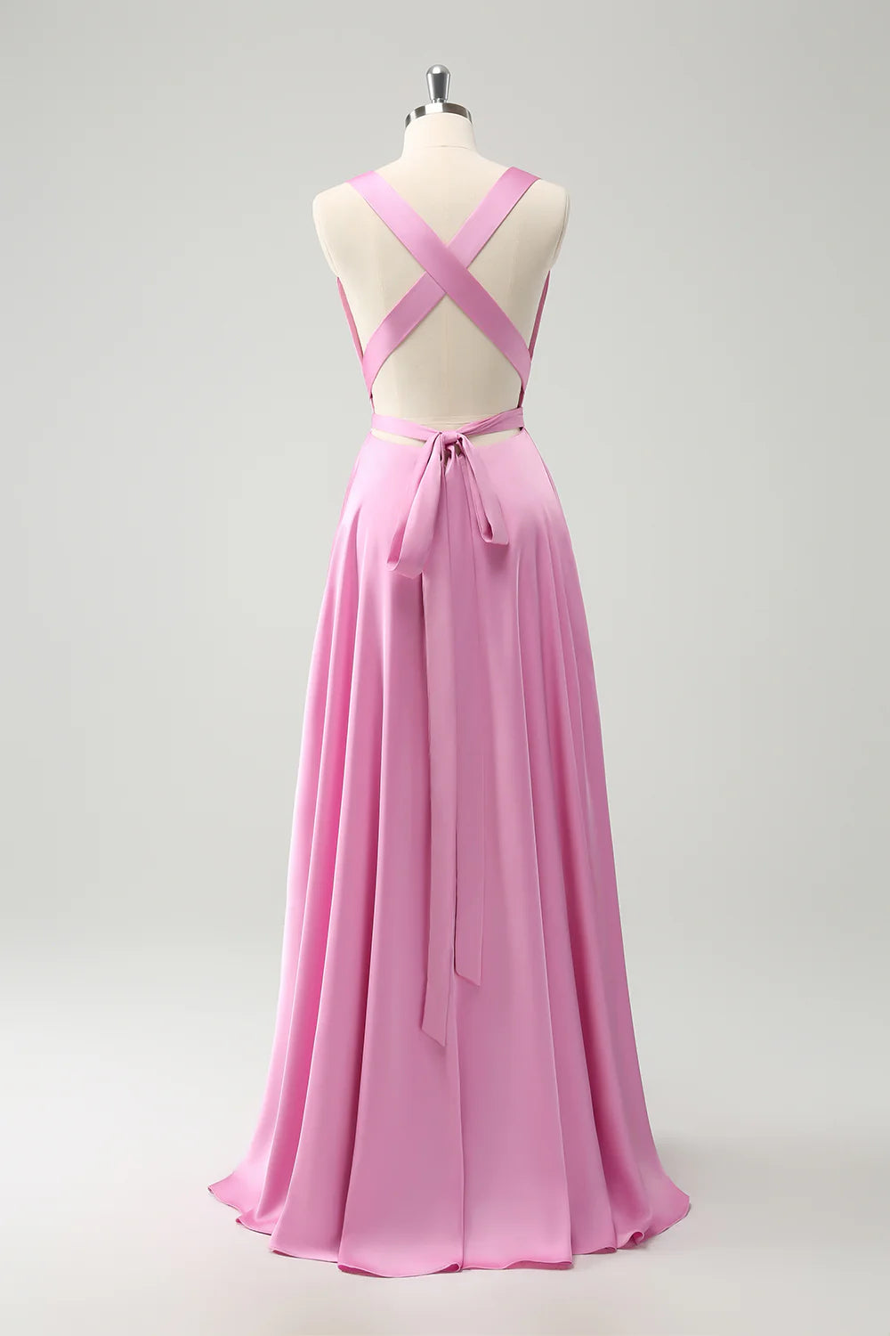 Pink A Line V-Neck Backless Bridesmaid Dress with Slit