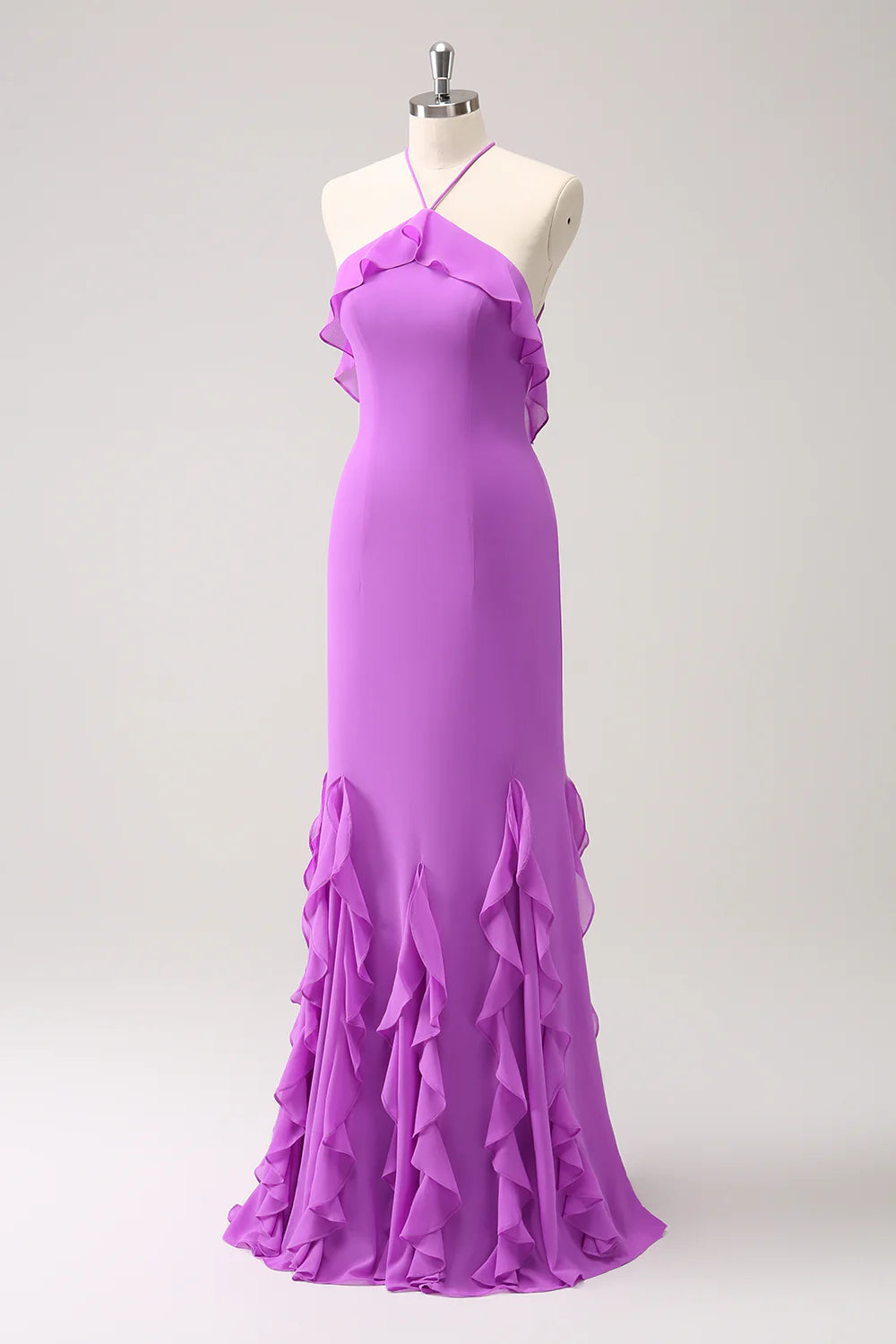 Tahiti Mermaid Halter Ruffle Chiffon Long Bridesmaid Dress