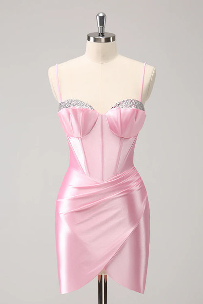 Sparkly Pink Spaghetti Straps Tight Homecoming Dress with Beading