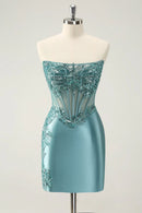 Glitter Peacock Tight Strapless Corset Short Homecoming Dress with Appliques