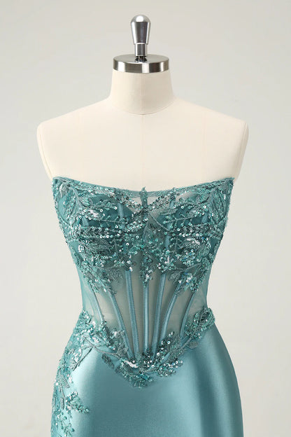 Glitter Peacock Tight Strapless Corset Short Homecoming Dress with Appliques