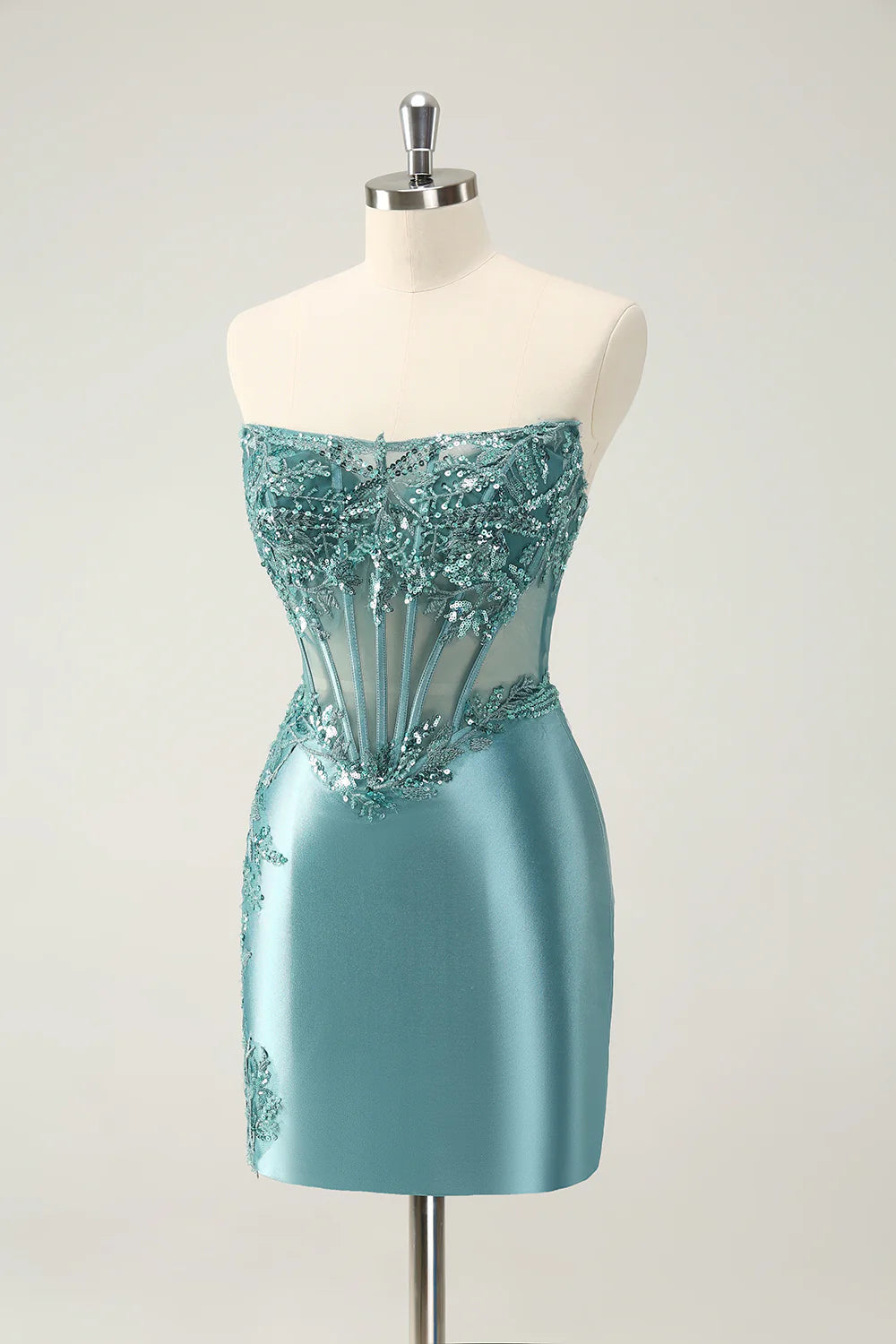 Glitter Peacock Tight Strapless Corset Short Homecoming Dress with Appliques