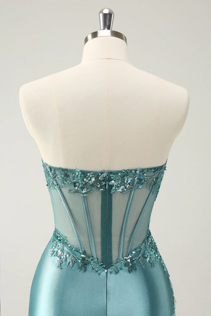 Glitter Peacock Tight Strapless Corset Short Homecoming Dress with Appliques