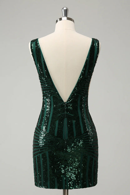 Glitter Dark Green V Neck Sequins Homecoming Dress with Detachable Ruffles