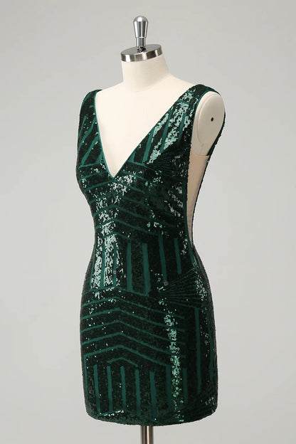 Glitter Dark Green V Neck Sequins Homecoming Dress with Detachable Ruffles