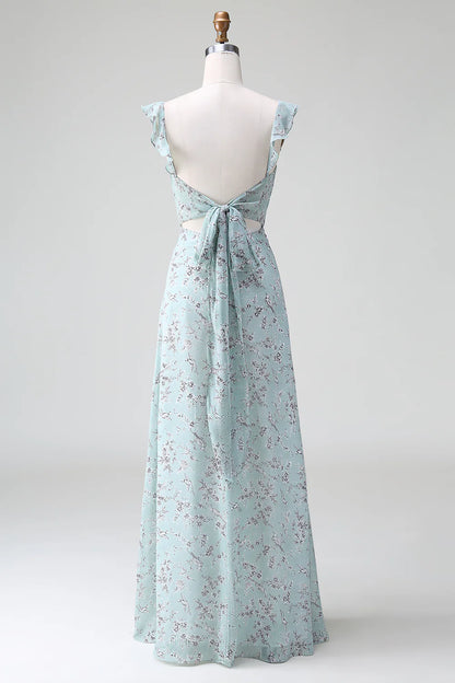 Grey Green Sheath Floral Print Long Bridesmaid Dress With Slit