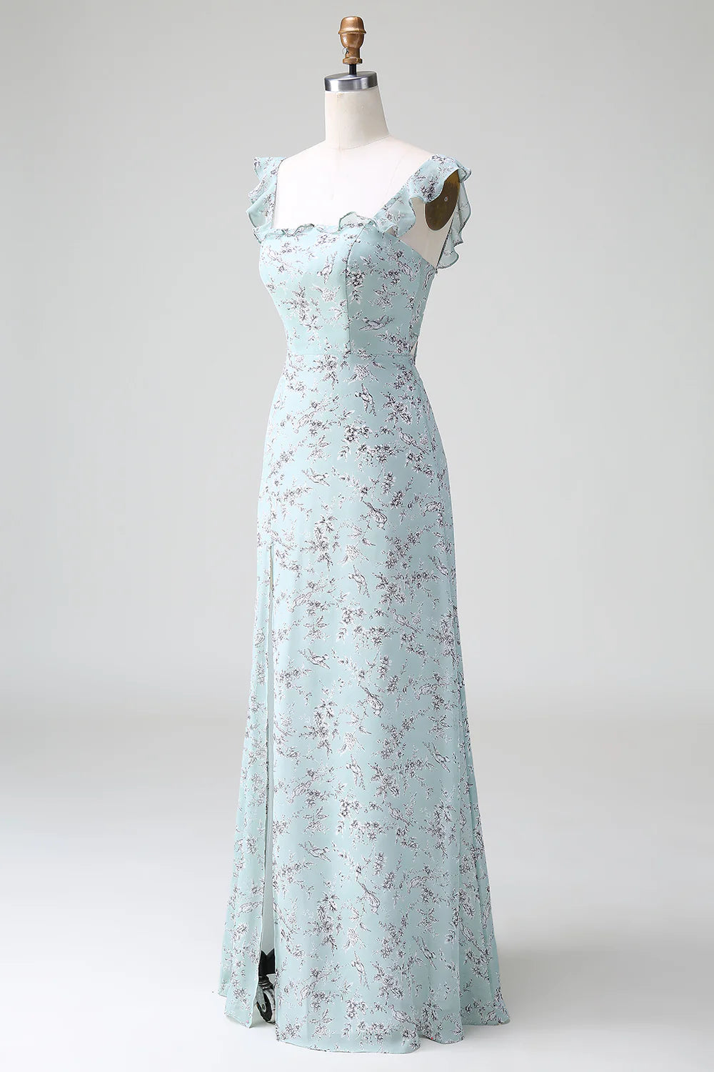 Grey Green Sheath Floral Print Long Bridesmaid Dress With Slit