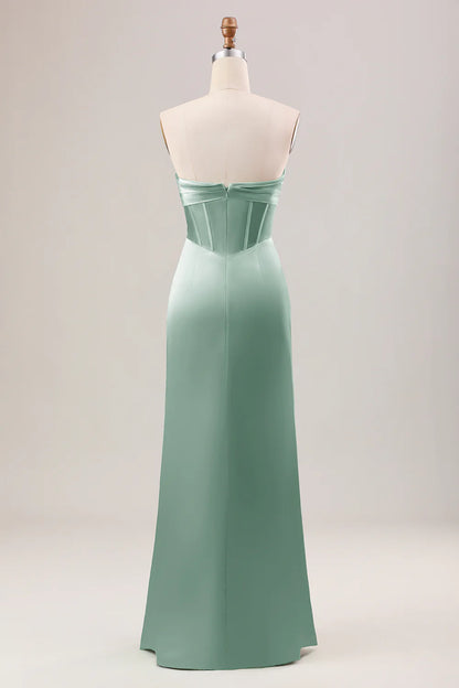 Green Sheath Corset Strapless Long Bridesmaid Dress With Slit