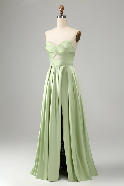 Green A Line Pleated Strapless Keyhole Bridesmaid Dress With Slit