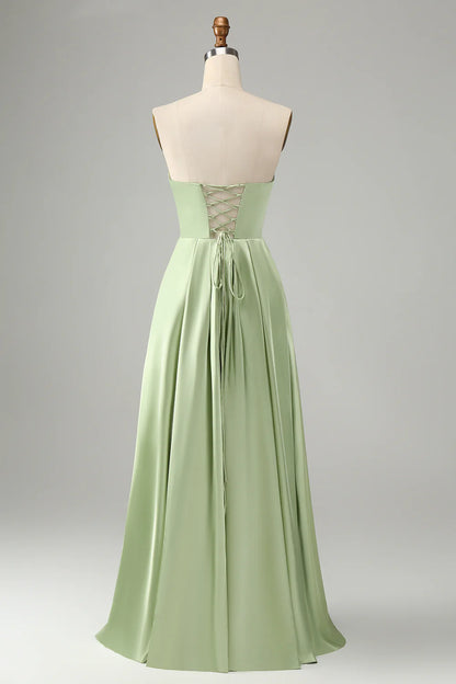 Green A Line Pleated Strapless Keyhole Bridesmaid Dress With Slit