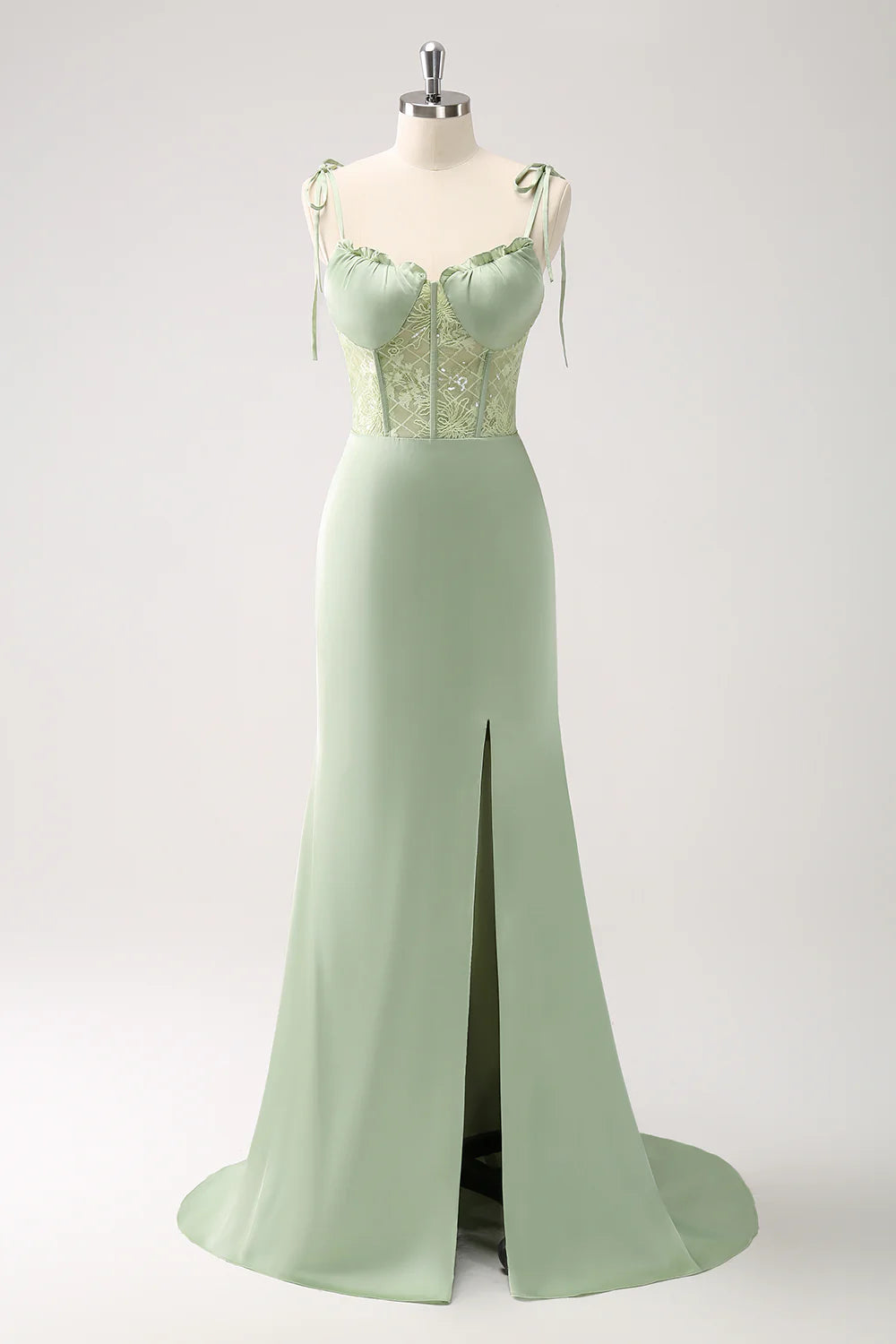 Green Mermaid Spaghetti Straps Satin Long Bridesmaid Dress with Slit