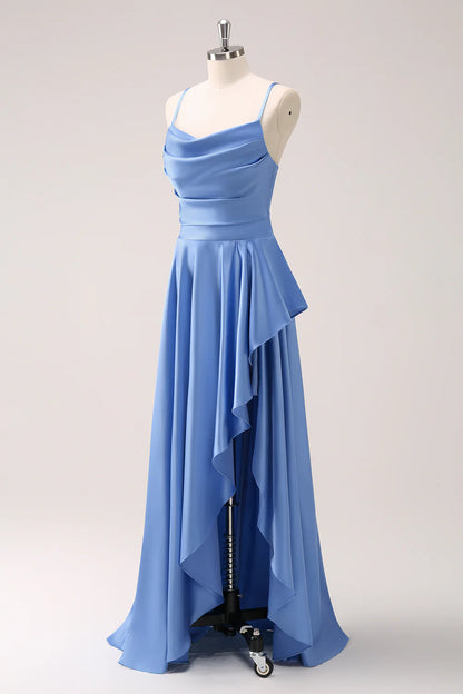 Blue Cowl Neck Satin Asymmetrical Bridesmaid Dress with Slit