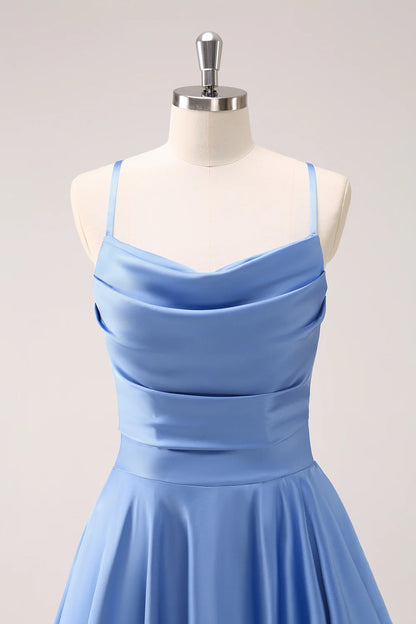 Blue Cowl Neck Satin Asymmetrical Bridesmaid Dress with Slit