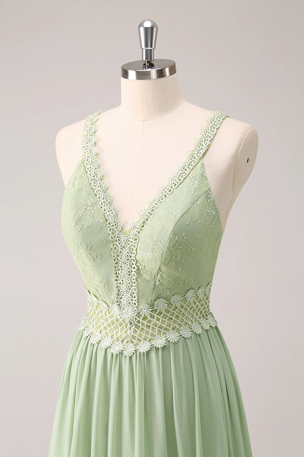 Green Ruffled Floral Bridesmaid Dress with Lace