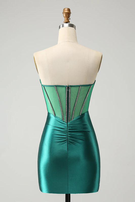 Glitter Dark Green Strapless Corset Tight Homecoming Dress with Beading