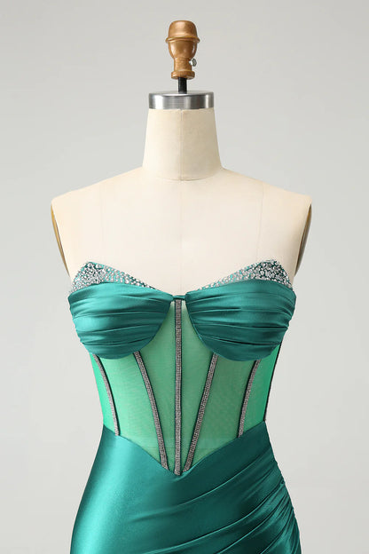 Glitter Dark Green Strapless Corset Tight Homecoming Dress with Beading