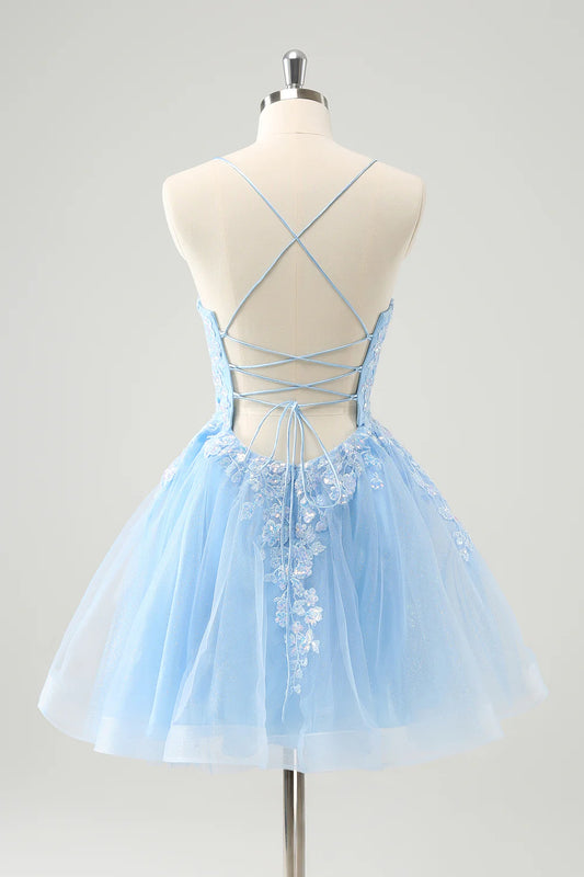 Cute Glitter Blue A Line Sequins Short Homecoming Dress with Appliques