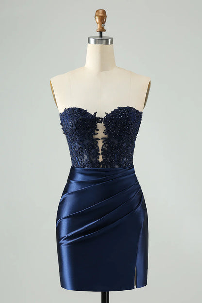 Unique Sparkly Navy Bodycon Strapless Hollow Out Homecoming Dress with Lace