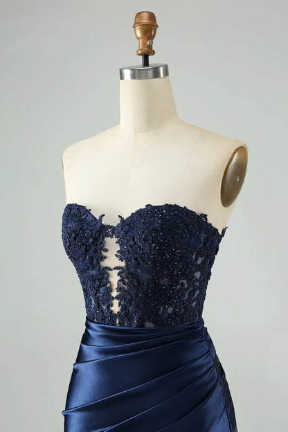 Unique Sparkly Navy Bodycon Strapless Hollow Out Homecoming Dress with Lace