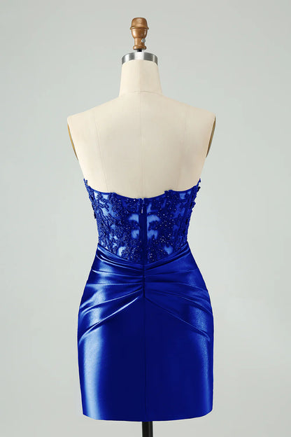 Unique Sparkly Navy Bodycon Strapless Hollow Out Homecoming Dress with Lace