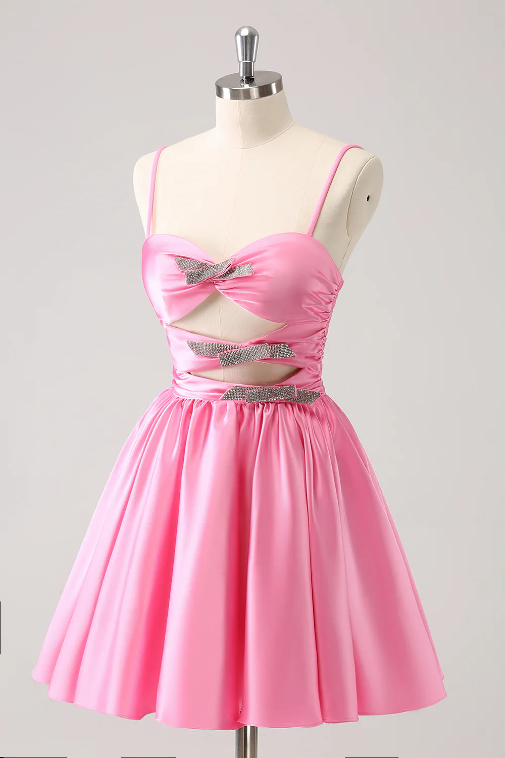 Pink A-Line Spaghetti Straps Pleated Homecoming Dress with Keyhole