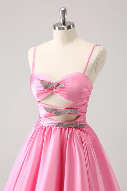 Pink A-Line Spaghetti Straps Pleated Homecoming Dress with Keyhole