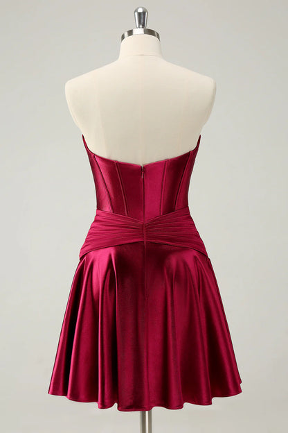 Burgundy A Line Sweetheart Strapless Keyhole Satin Homecoming Dress