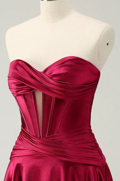 Burgundy A Line Sweetheart Strapless Keyhole Satin Homecoming Dress