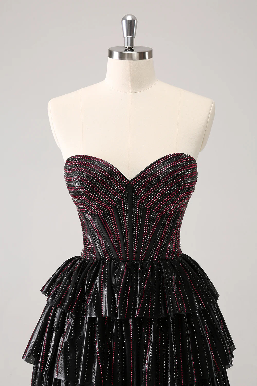 Sparkly Black Pink Sweetheart Tiered Homecoming Dress with Beading