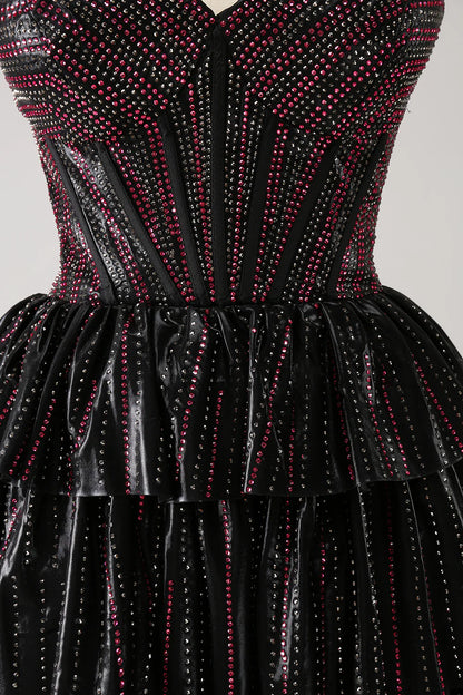 Sparkly Black Pink Sweetheart Tiered Homecoming Dress with Beading