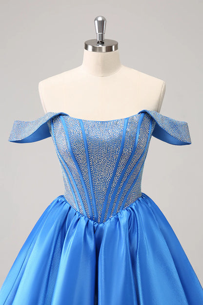 Sparkly Blue A-Line Off the Shoulder Beaded Satin Homecoming Dress