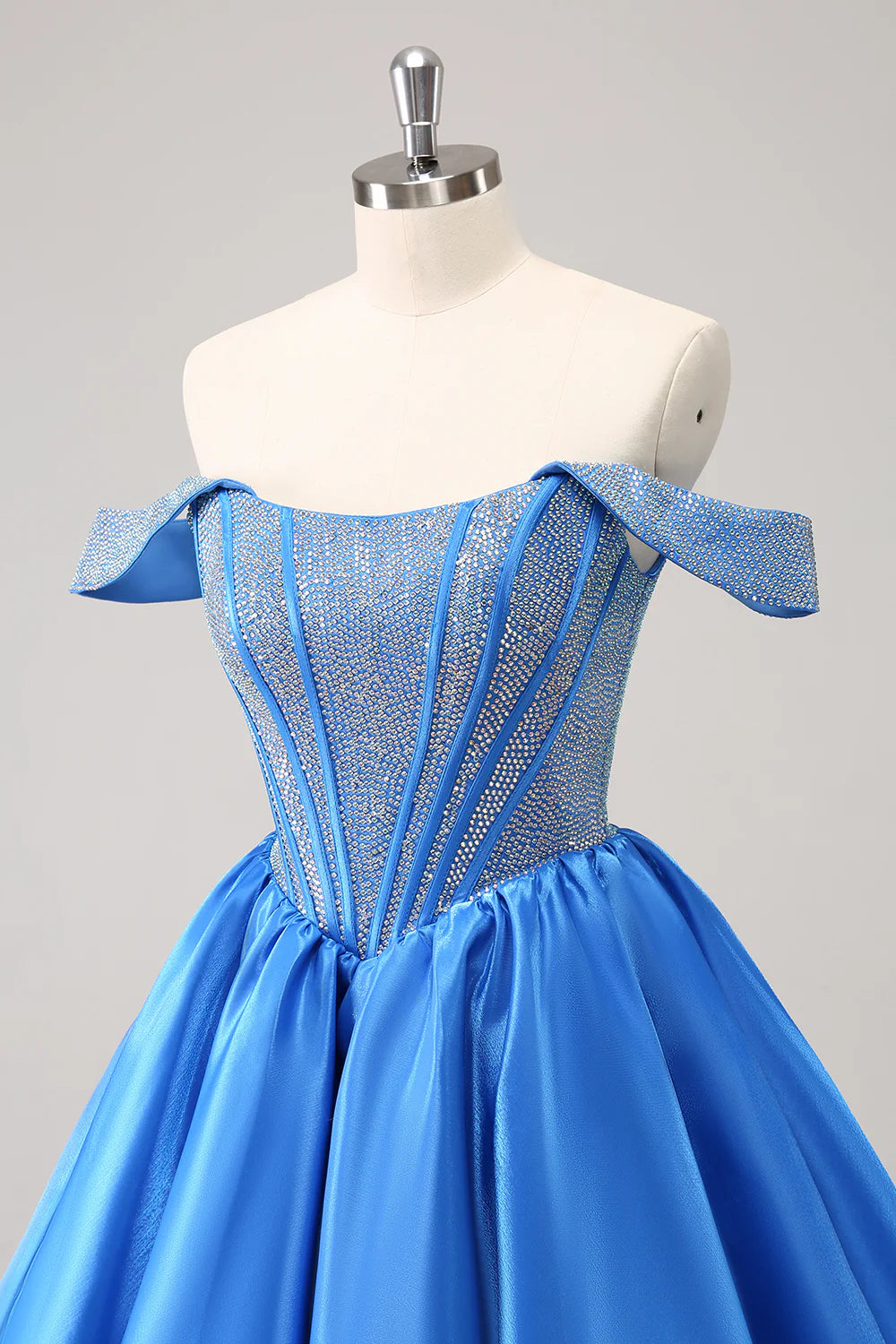 Sparkly Blue A-Line Off the Shoulder Beaded Satin Homecoming Dress