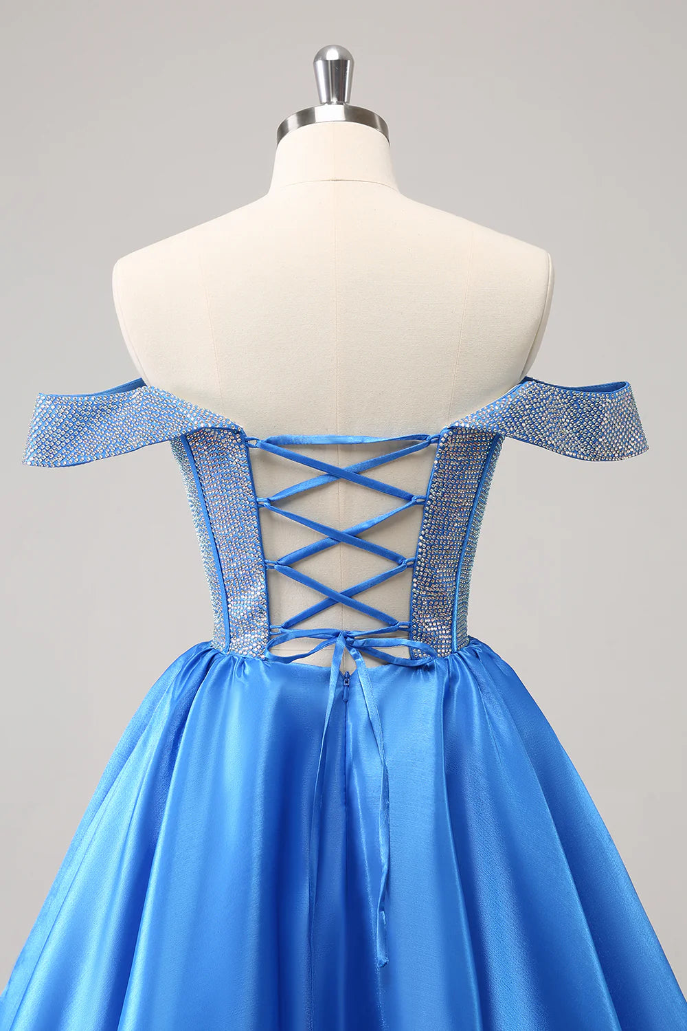 Sparkly Blue A-Line Off the Shoulder Beaded Satin Homecoming Dress