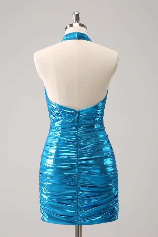 Metallic Tight Halter Backless Satin Blue Homecoming Dress