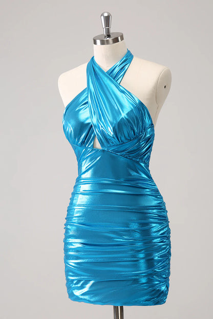 Metallic Tight Halter Backless Satin Blue Homecoming Dress