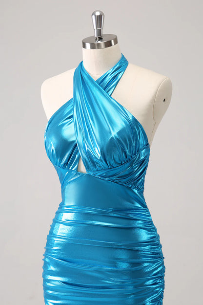 Metallic Tight Halter Backless Satin Blue Homecoming Dress